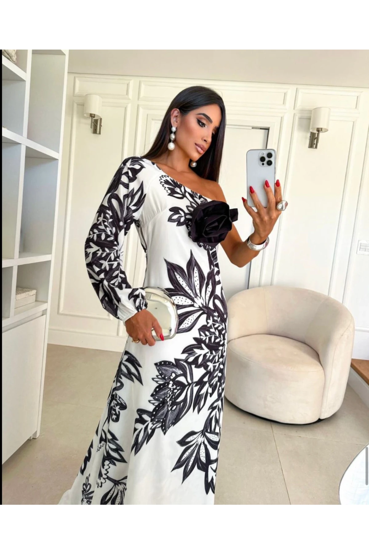 Tek Omuz Çiçek Detaylı İthal  Jessica Kumas Elbise