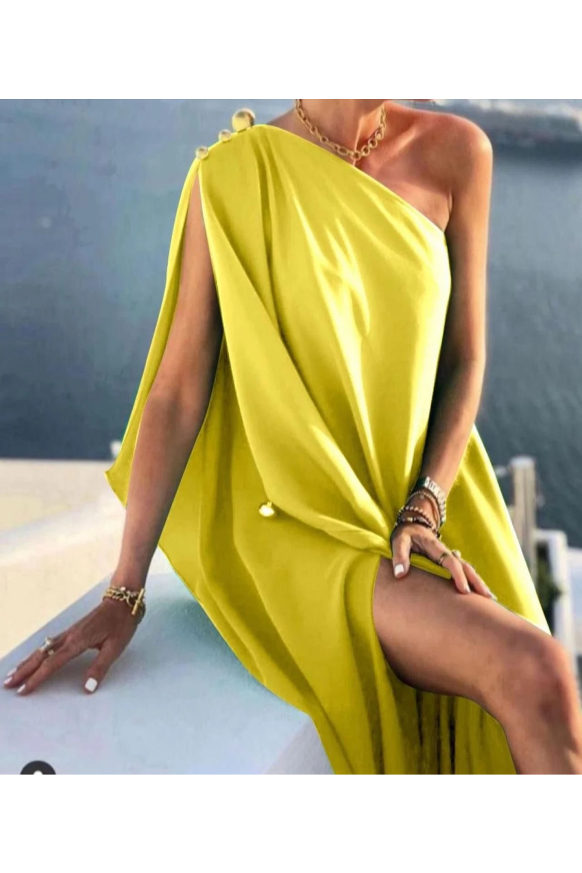 Tek Omuz Düğme Detaylı Yarasa Kol Elbise İthal Jessica Kumas