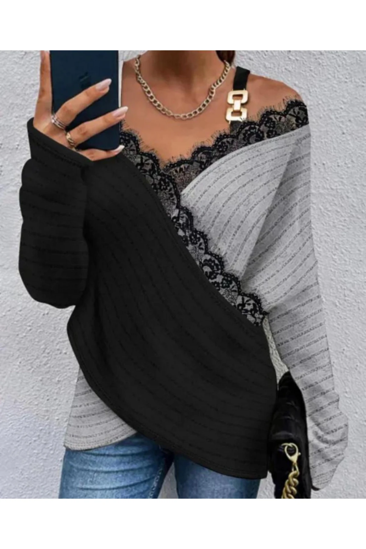 Toka Ve Dantel Detay Kaşkorse Bluz