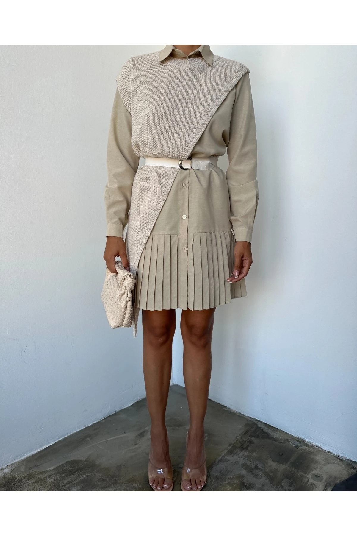 Triko Detay Kemerli Elbise