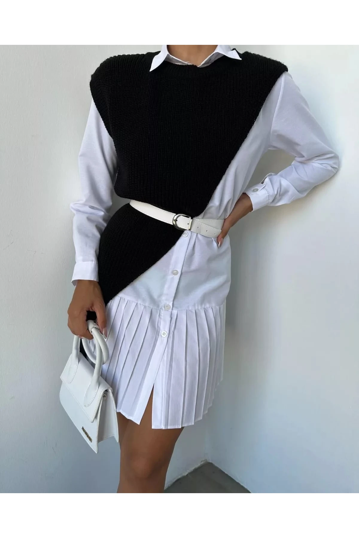 Triko Detay Kemerli Elbise