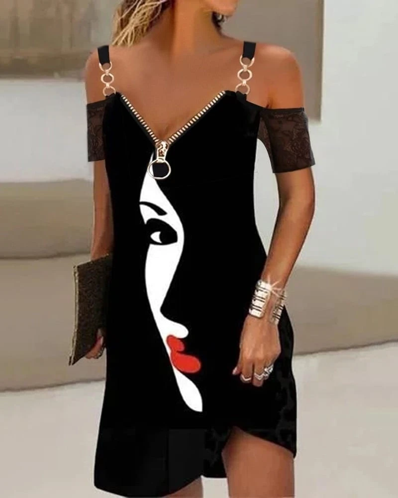 Tüllü Aksesuar Askılı Fermuarlı Yüz Desenli Dalgıç Elbise