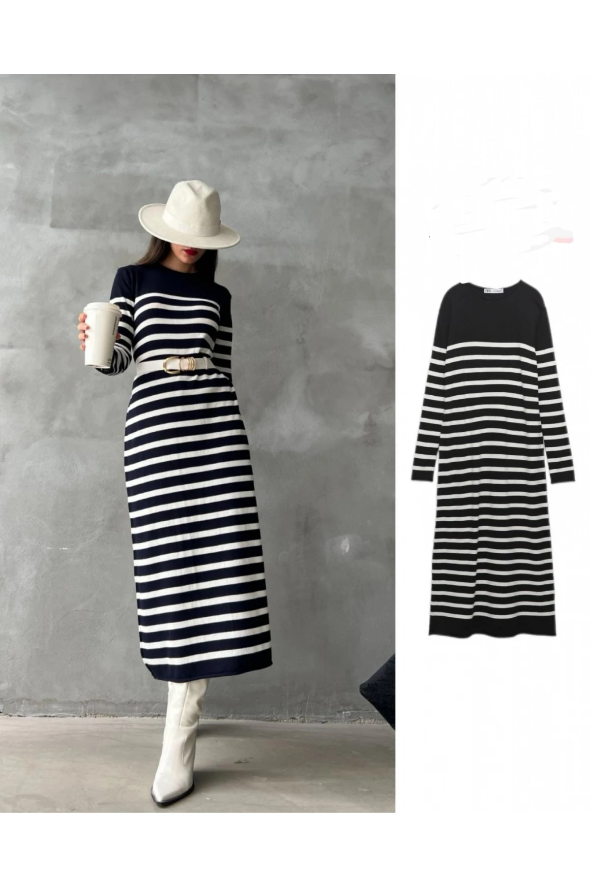 Uzun Çizgili Triko Elbise