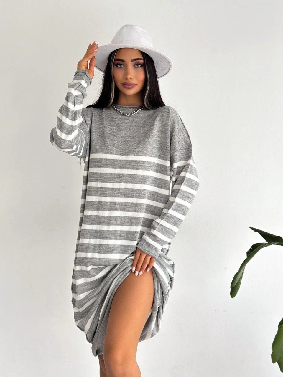 Uzun Çizgili Triko Elbise