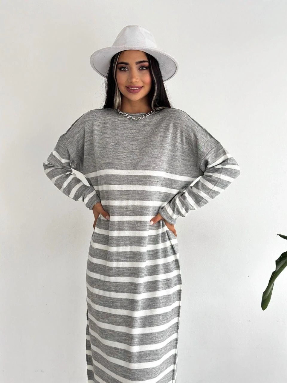 Uzun Çizgili Triko Elbise