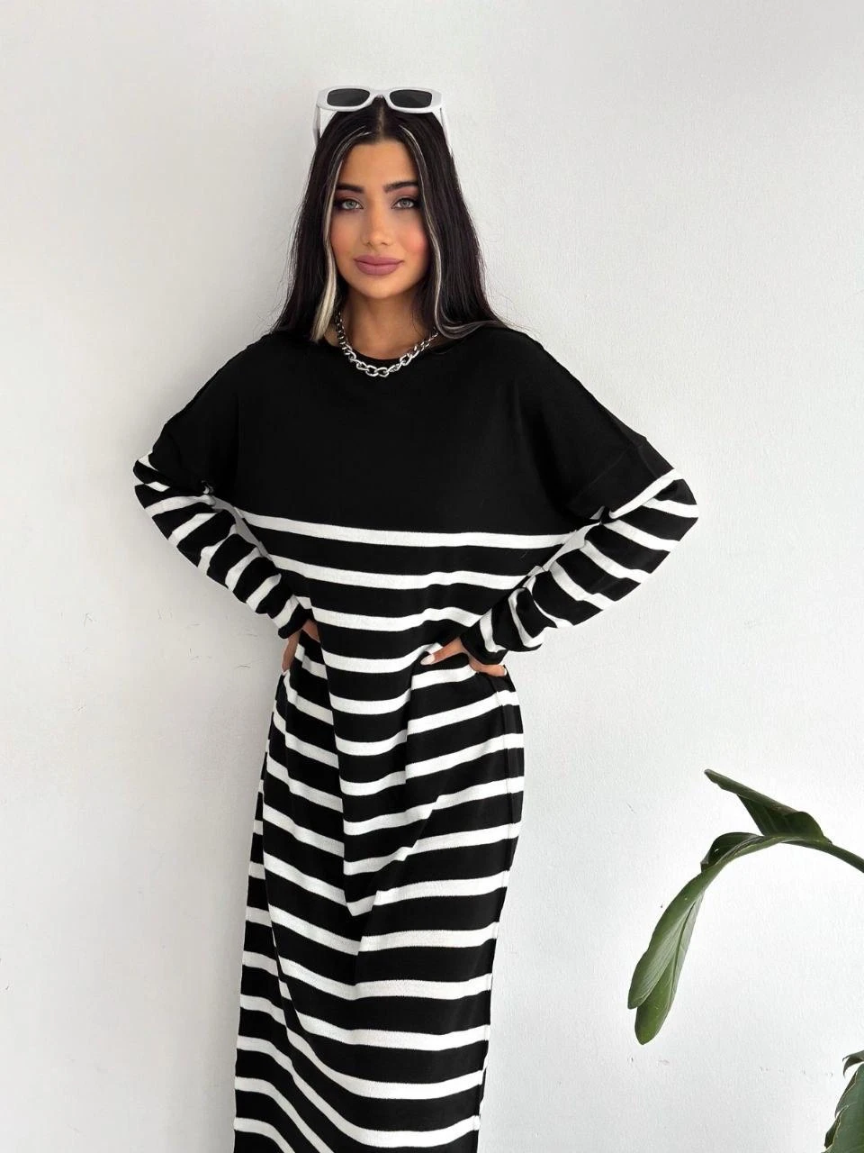 Uzun Çizgili Triko Elbise