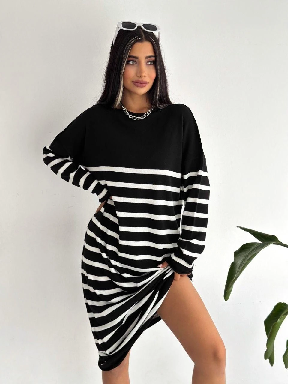 Uzun Çizgili Triko Elbise