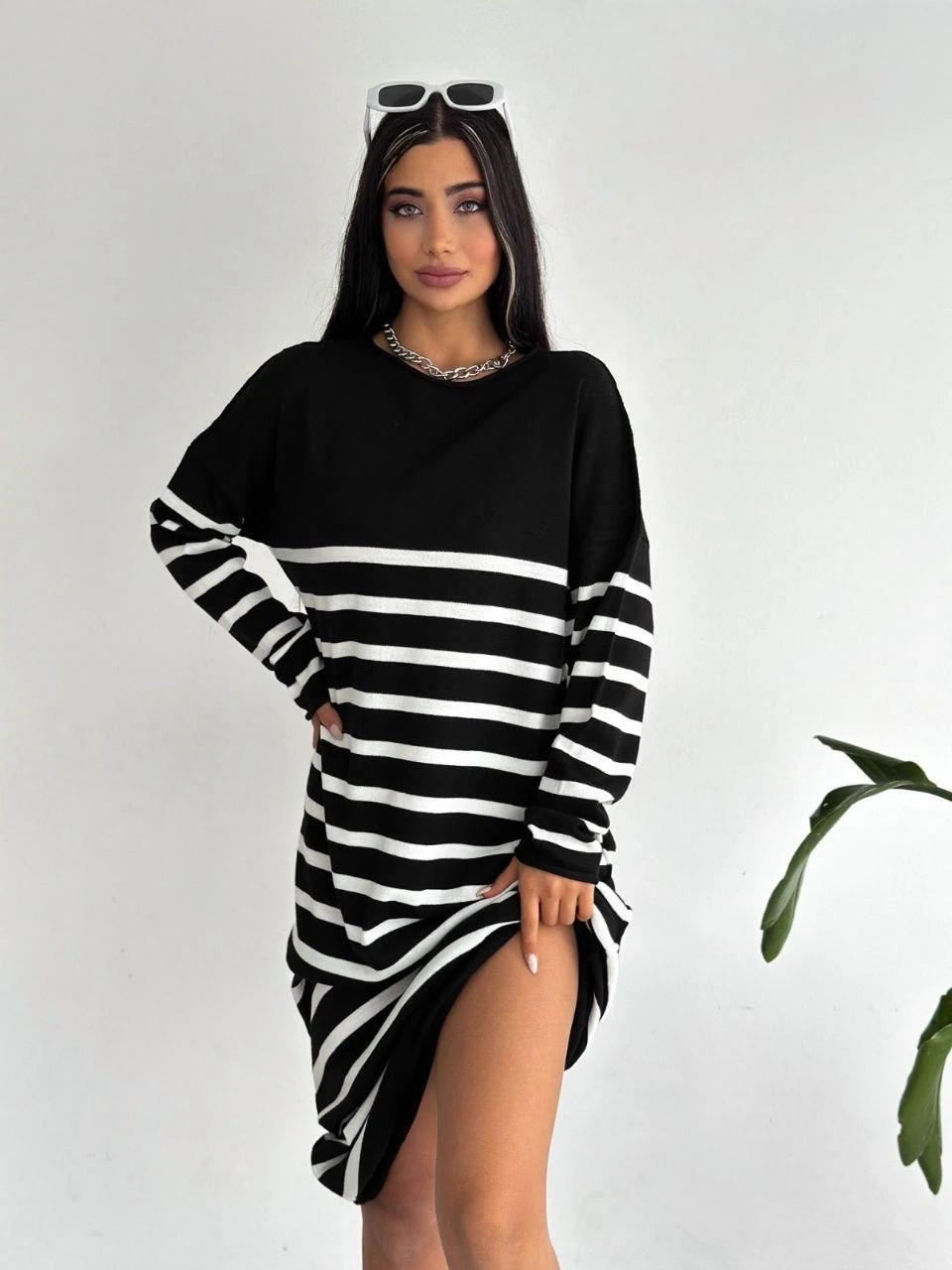 Uzun Çizgili Triko Elbise