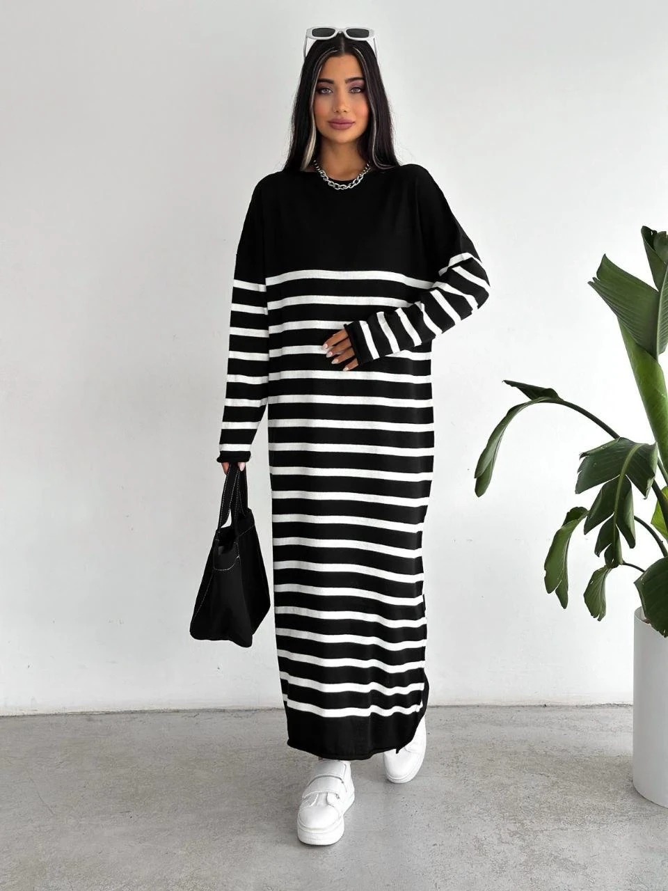 Uzun Çizgili Triko Elbise
