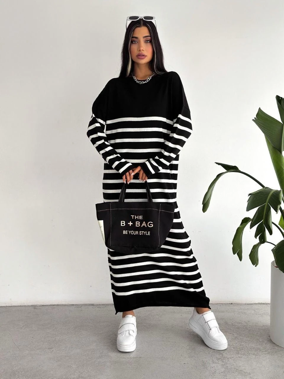 Uzun Çizgili Triko Elbise