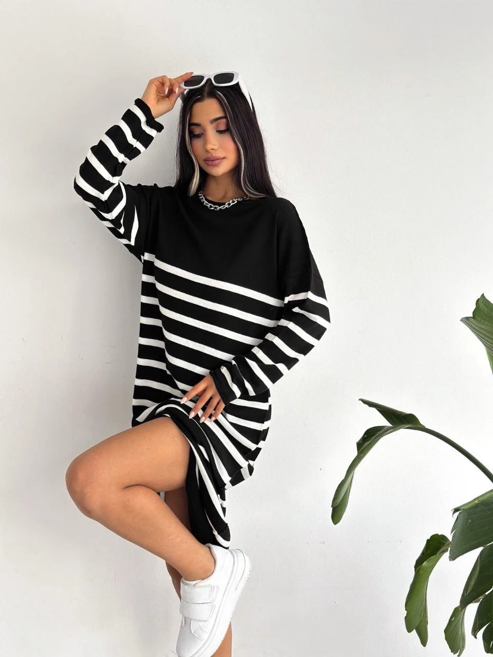 Uzun Çizgili Triko Elbise