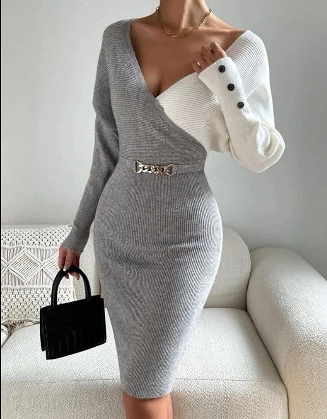 Uzun Kollu Beli Kemerli Kolu Düğme Detay Çift Renk Yarasa Kol Kaşkorse Elbise