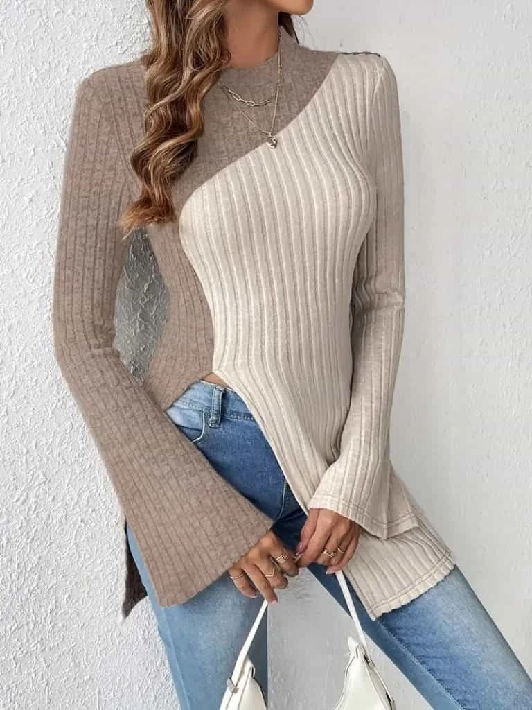 Uzun Kollu Çift Renk Şardonlu Kaşkorse Tunik