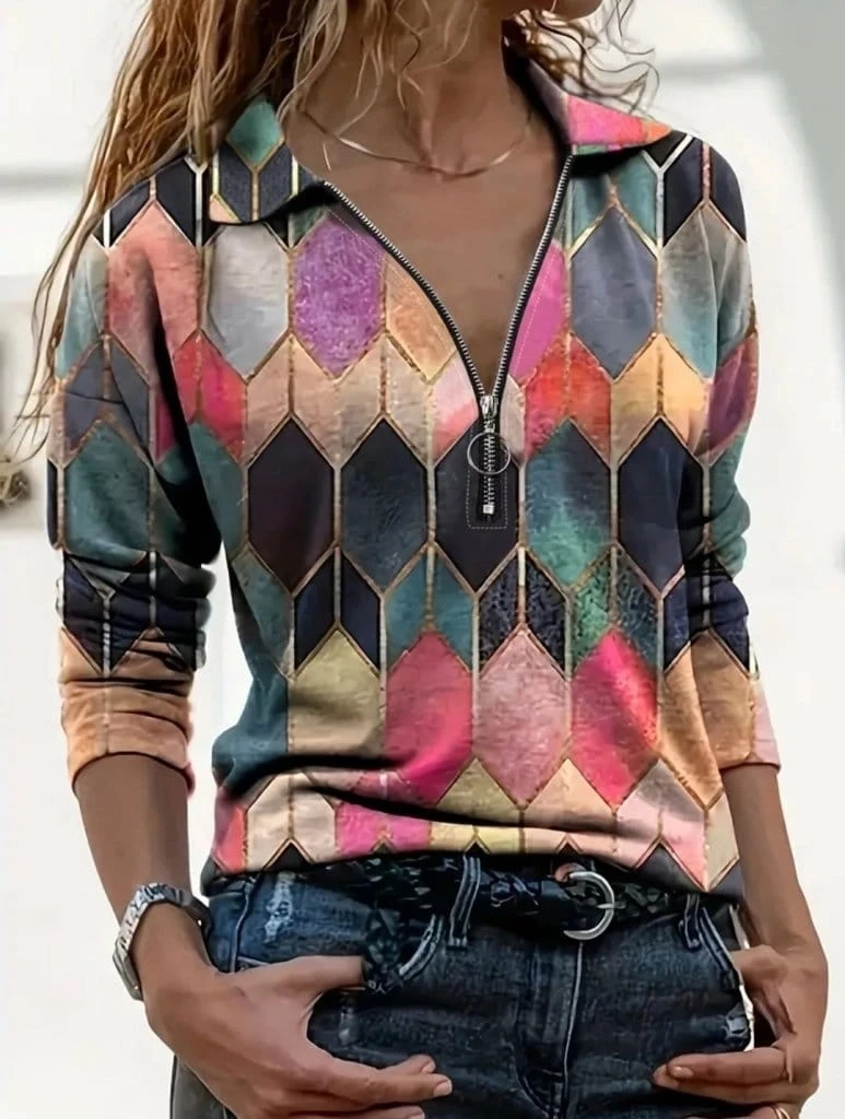 Uzun Kollu Gömlek Yaka Önü Fermuarlı Dijital Baskı Bluz