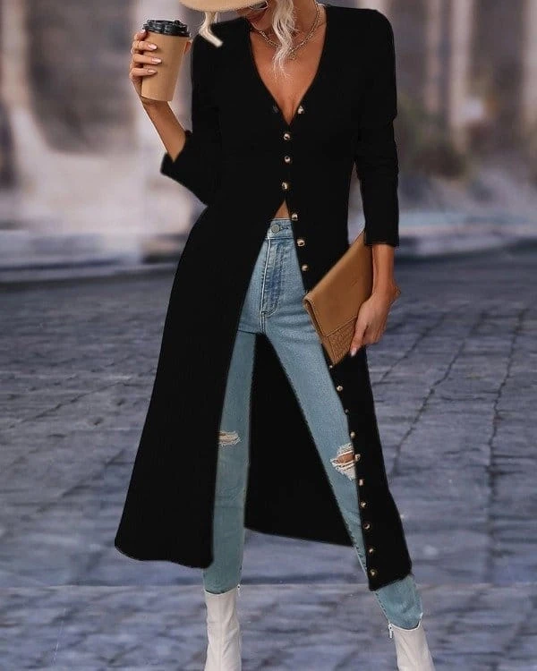 Uzun Kollu Önü Düğmeli Kalın Fitilli Kaşkorse Tunik