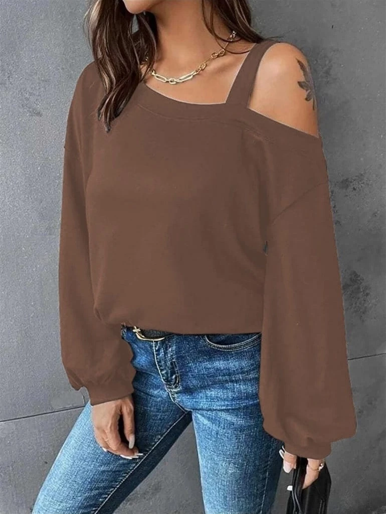 Uzun Kollu Tek Omuz Askı Detaylı Salaş Viskon İki İplik Bluz