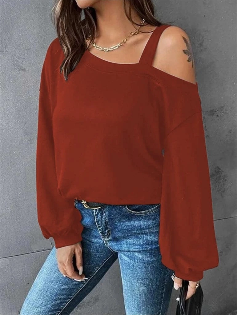 Uzun Kollu Tek Omuz Askı Detaylı Salaş Viskon İki İplik Bluz