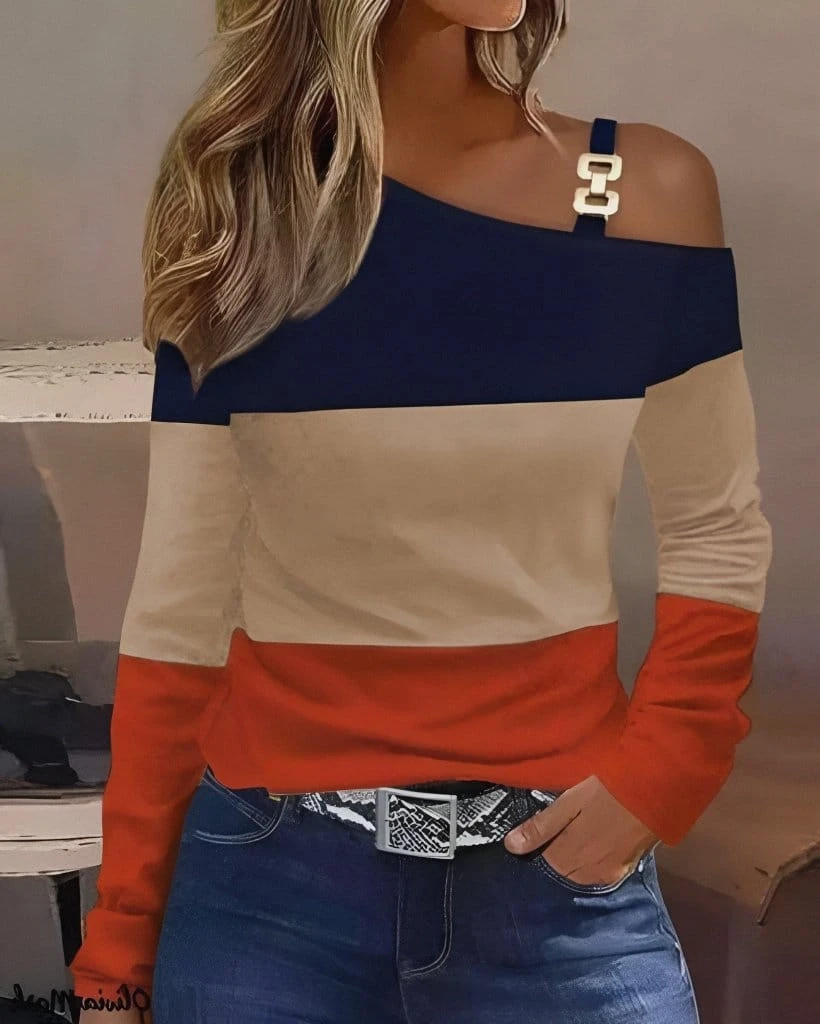 Uzun Kollu Tek Omuz Düşük Askı Aksesuar Detay Viskon Bluz