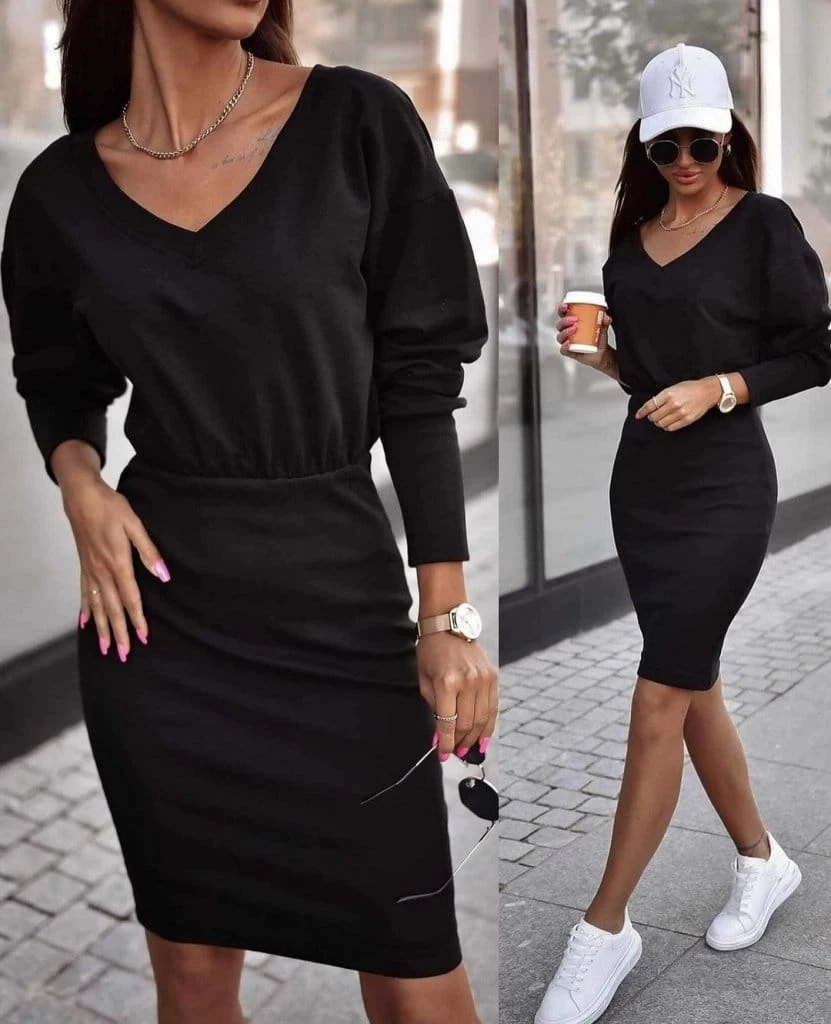 Uzun Kollu V Yaka Beli Lastikli Kolu Manşetli İki İplik Elbise