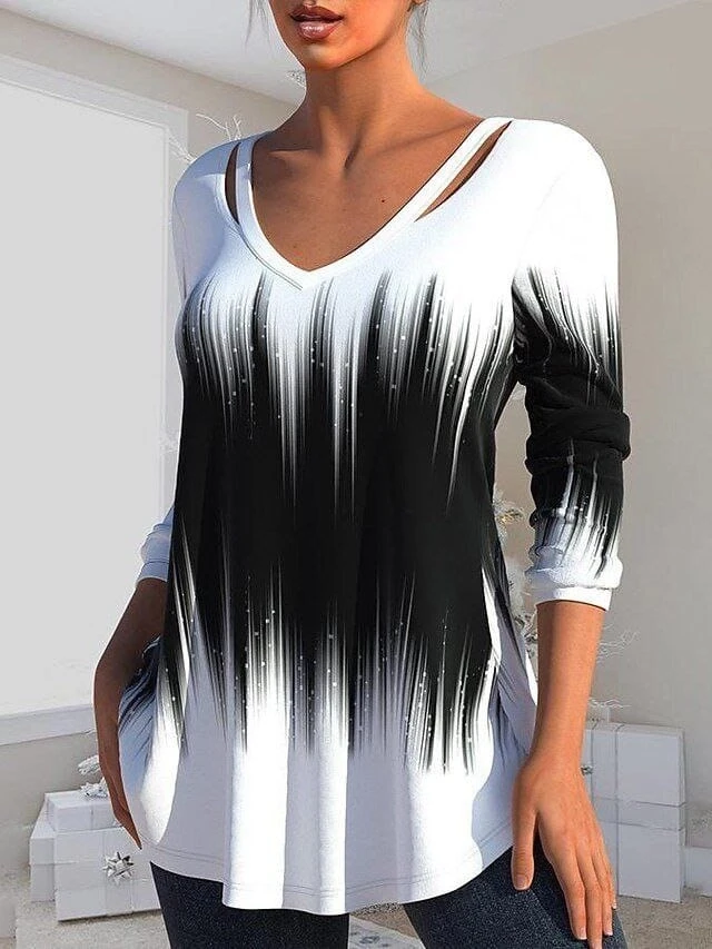 Uzun Kollu V Yaka Kenarları Kesik Detay Baskılı Dalgıç  Kumaş  Bluz