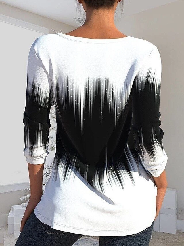 Uzun Kollu V Yaka Kenarları Kesik Detay Baskılı Dalgıç  Kumaş  Bluz