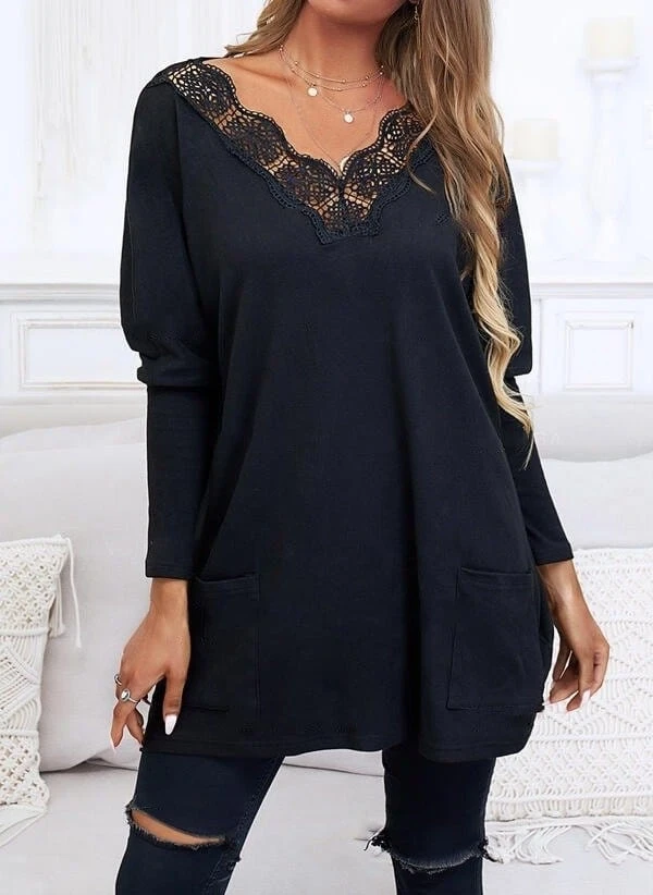 Uzun Kollu Yaka Güpür Detay Cepli İki İplik bluz