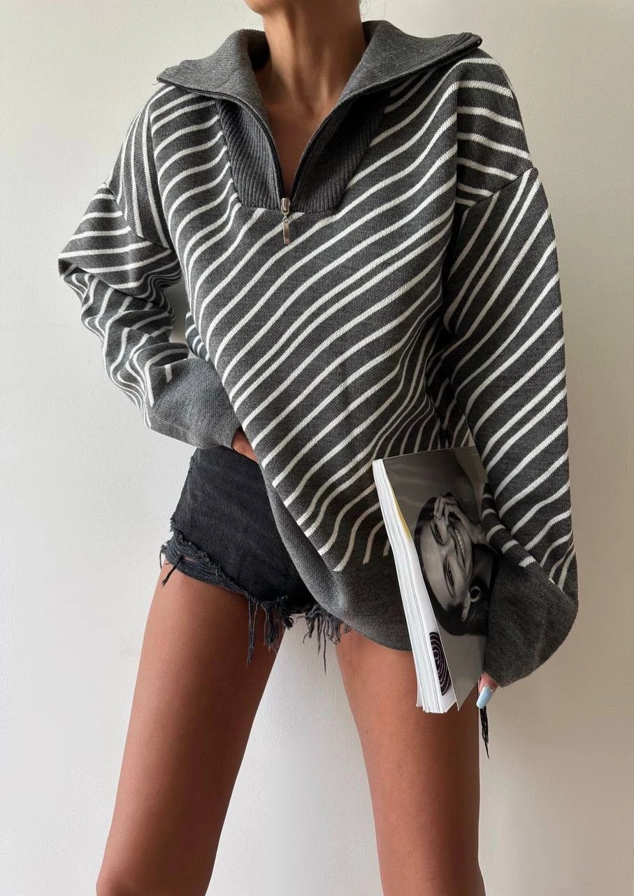 Verev Çizgili Yakası Fermuarlı Triko