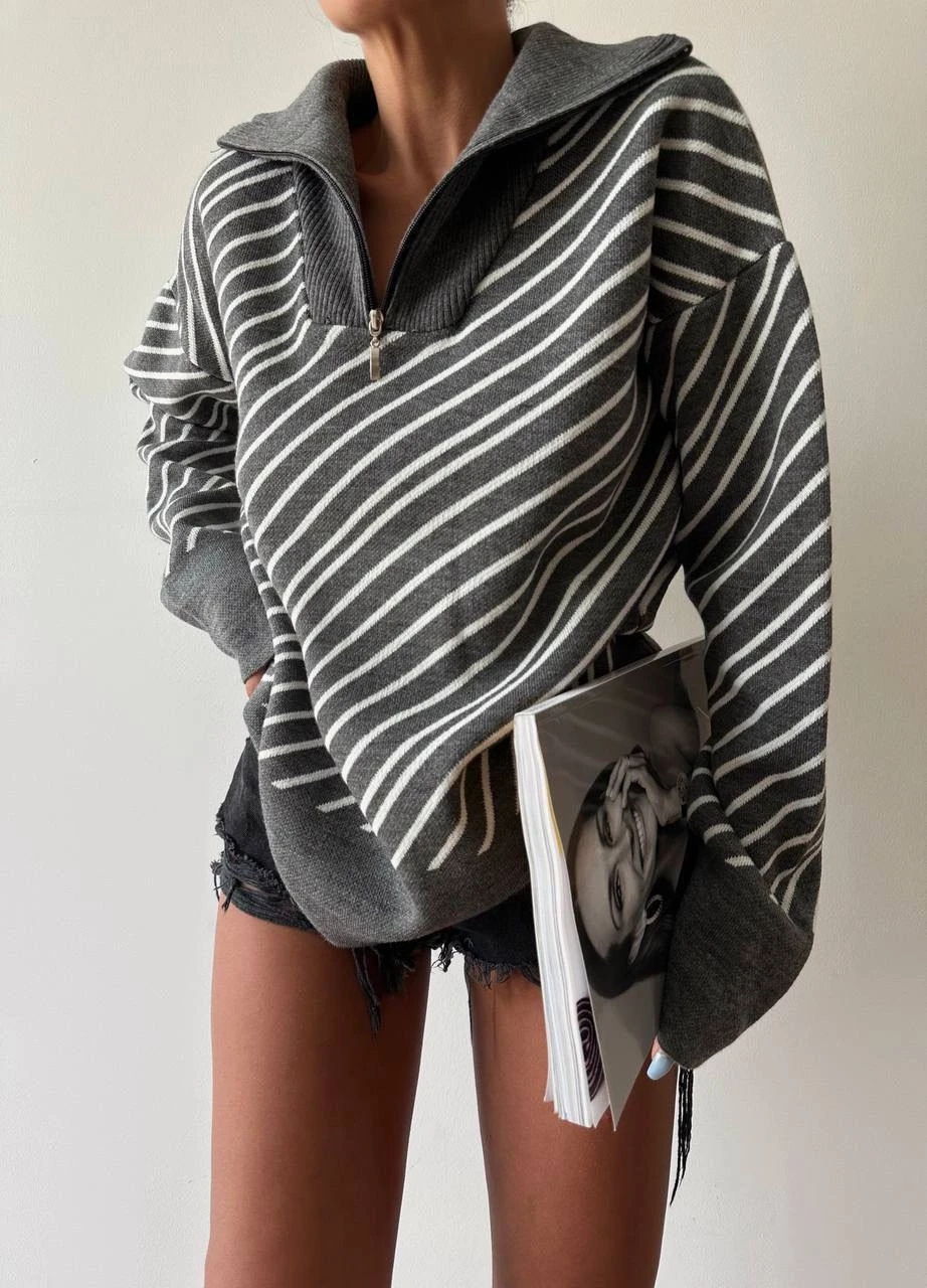 Verev Çizgili Yakası Fermuarlı Triko