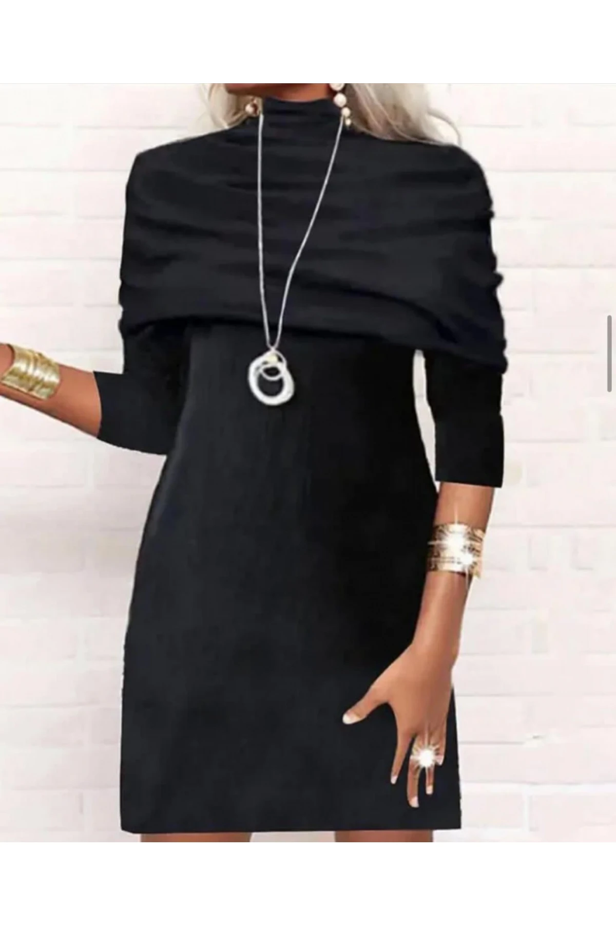 Scuba Kumaş Yakası Katlamalı  Elbise