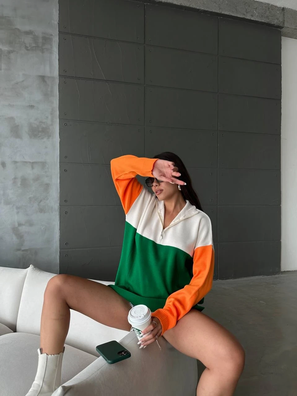 Yakası Fermuarlı Üç Renk Triko