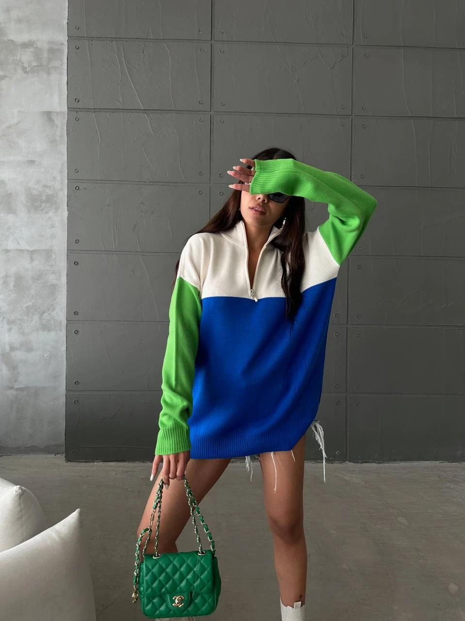 Yakası Fermuarlı Üç Renk Triko