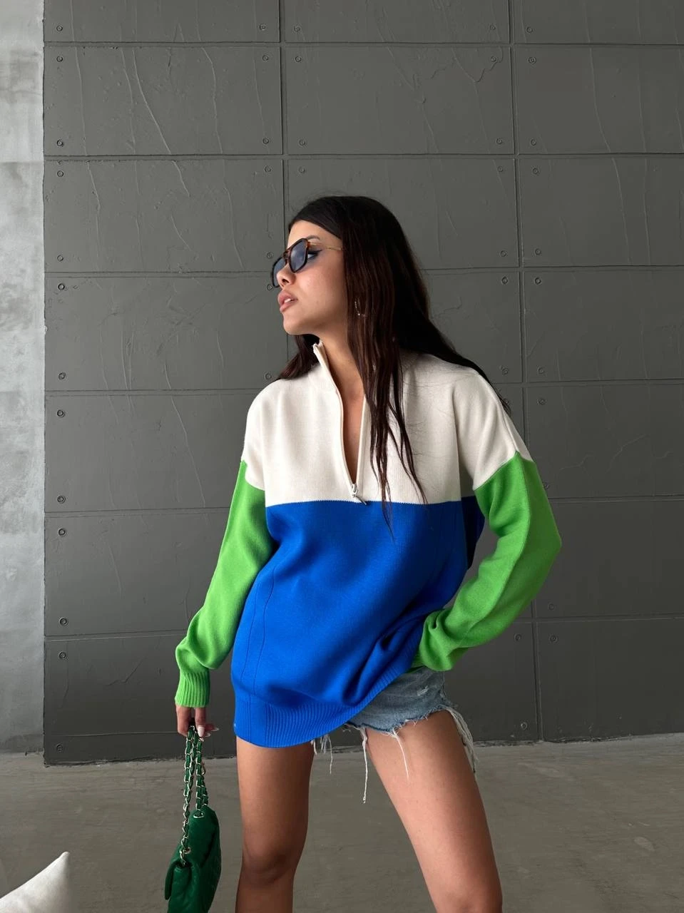 Yakası Fermuarlı Üç Renk Triko