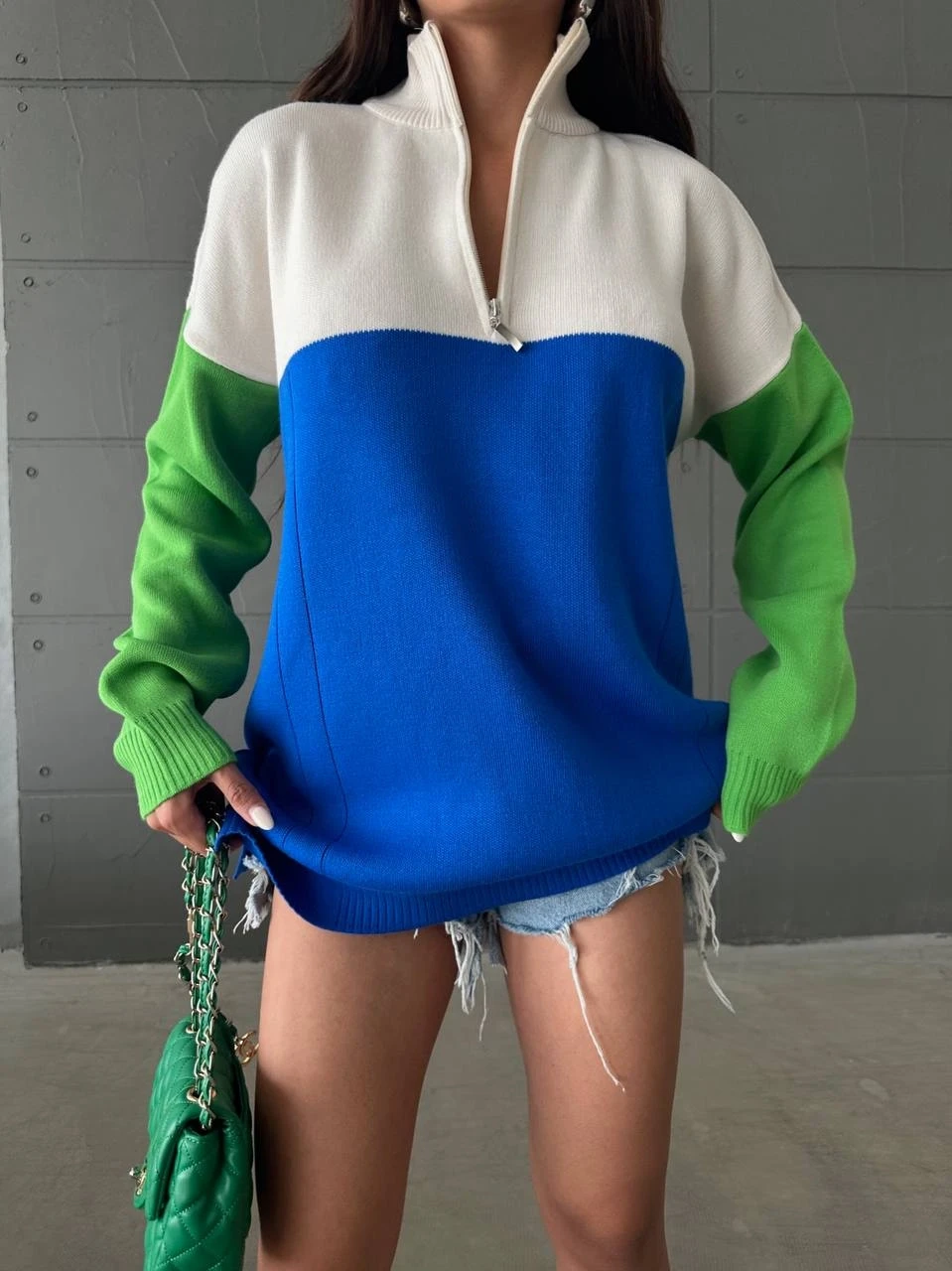 Yakası Fermuarlı Üç Renk Triko