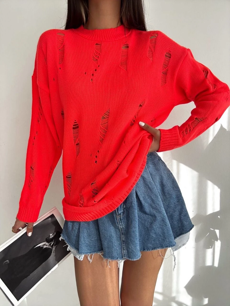 Yırtık Desenli Triko Kazak