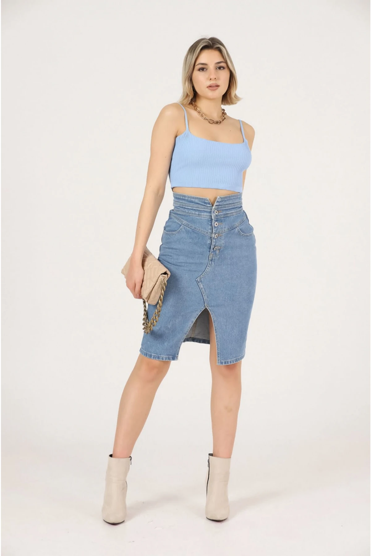 Yırtmaçlı Kot Etek