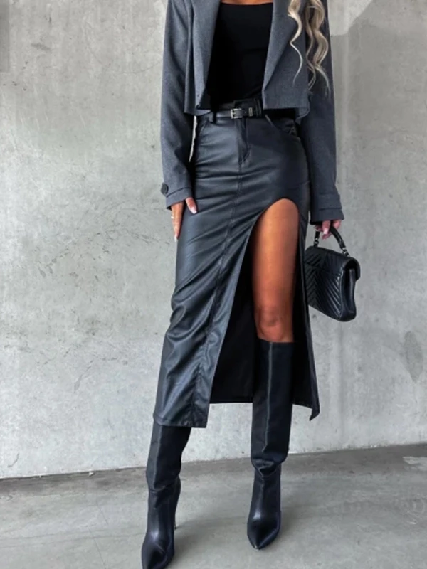 Yırtmaçlı Tasarım Deri Etek