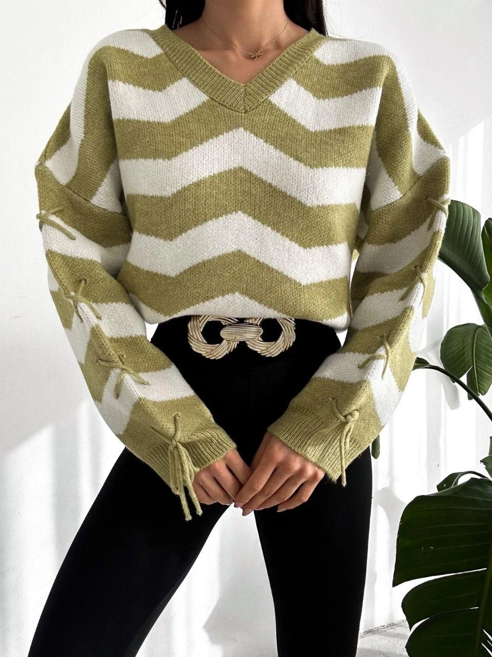 Zigzag Desen Ve Yaka Triko Kazak