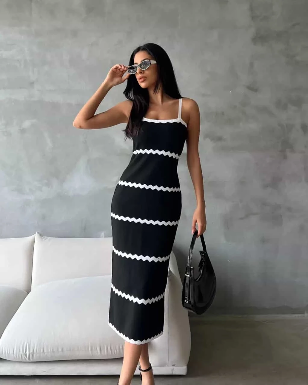 Zigzag Desenli Pamuk Triko Elbise