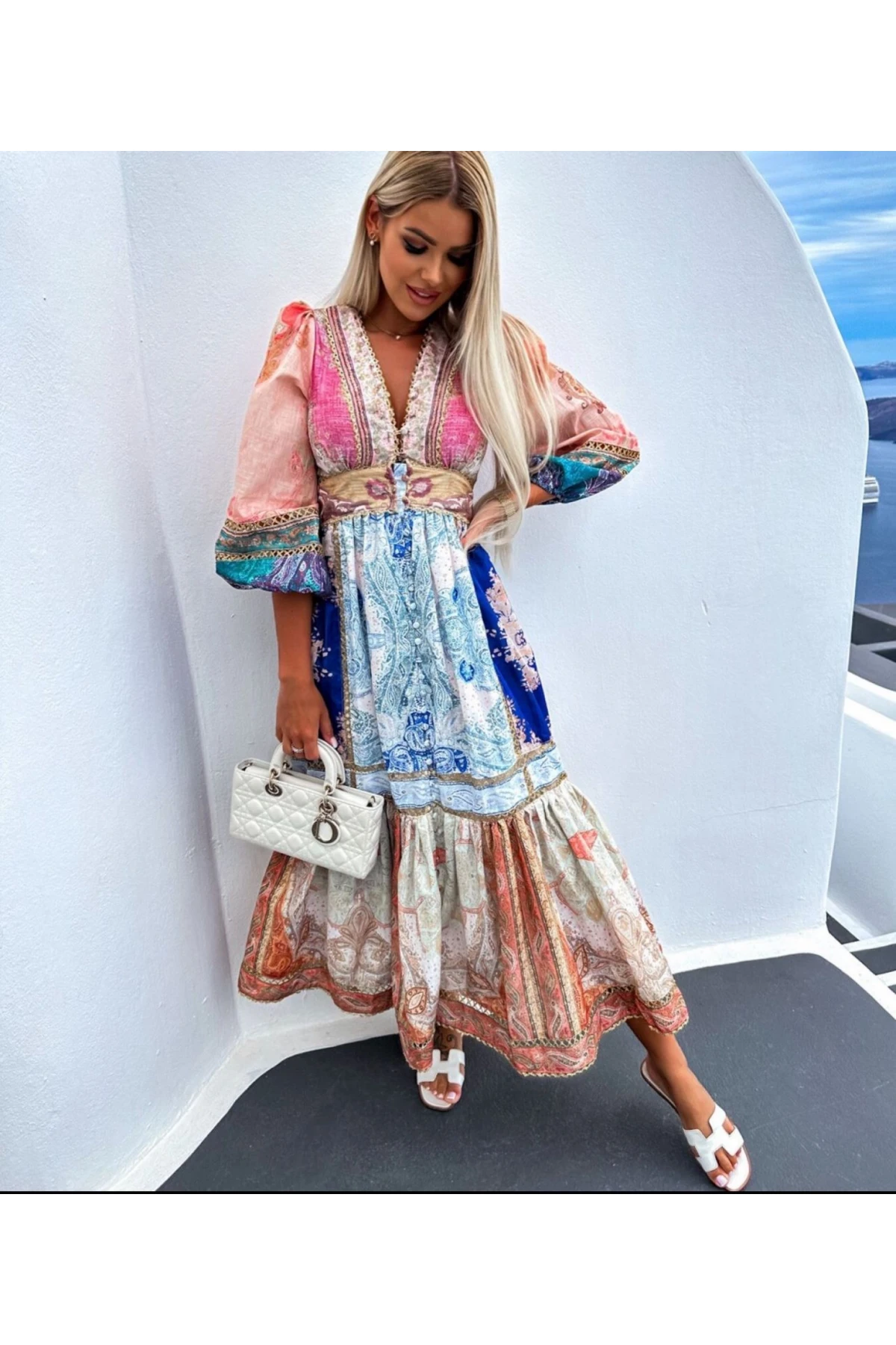 Zmmrmn Desen Baskılı  Elbise İthal Krep Kumas