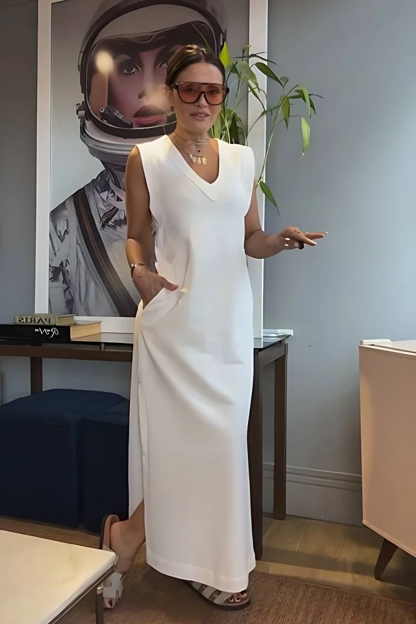 2 İplik Kumaş V yaka Cepli Elbise