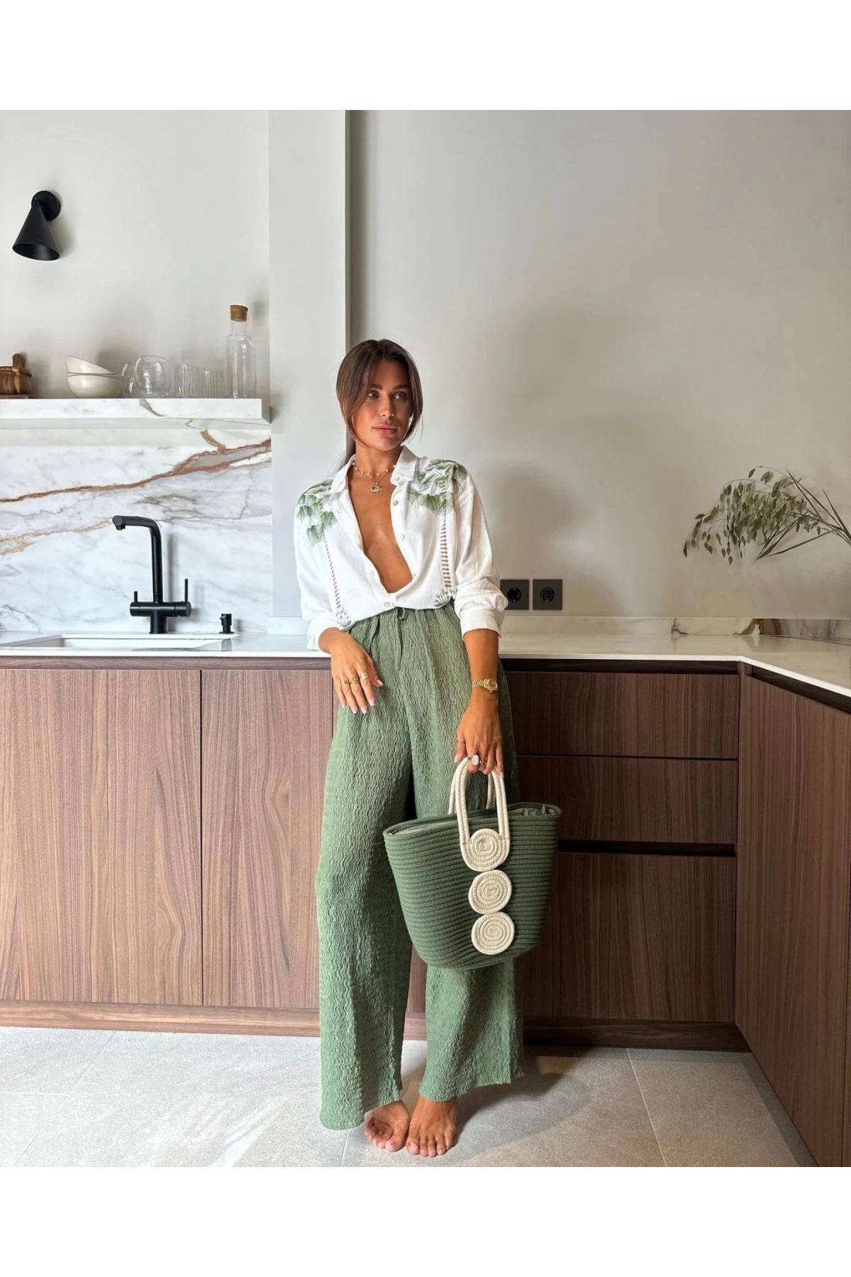 Ağaç Kabuğu  Pantolon Keten Nakış Detaylı Gömlek İkili takım