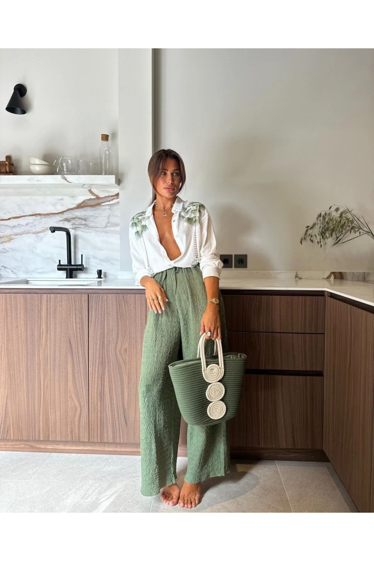 Ağaçkabuğu Pantalon Keten Nakış Detaylı Gömlek İkili Takım