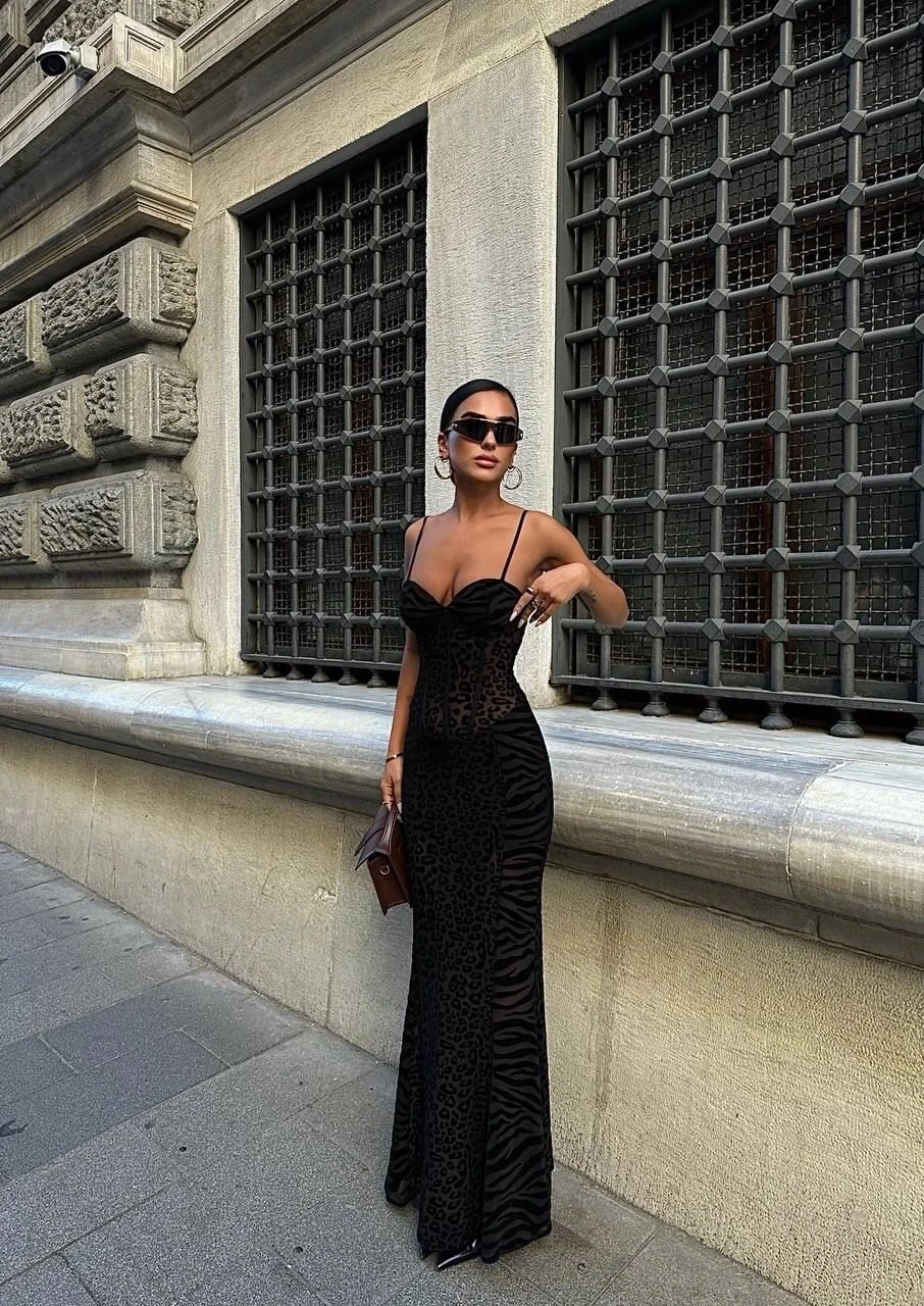 Askılı Flok Baskılı Elbise