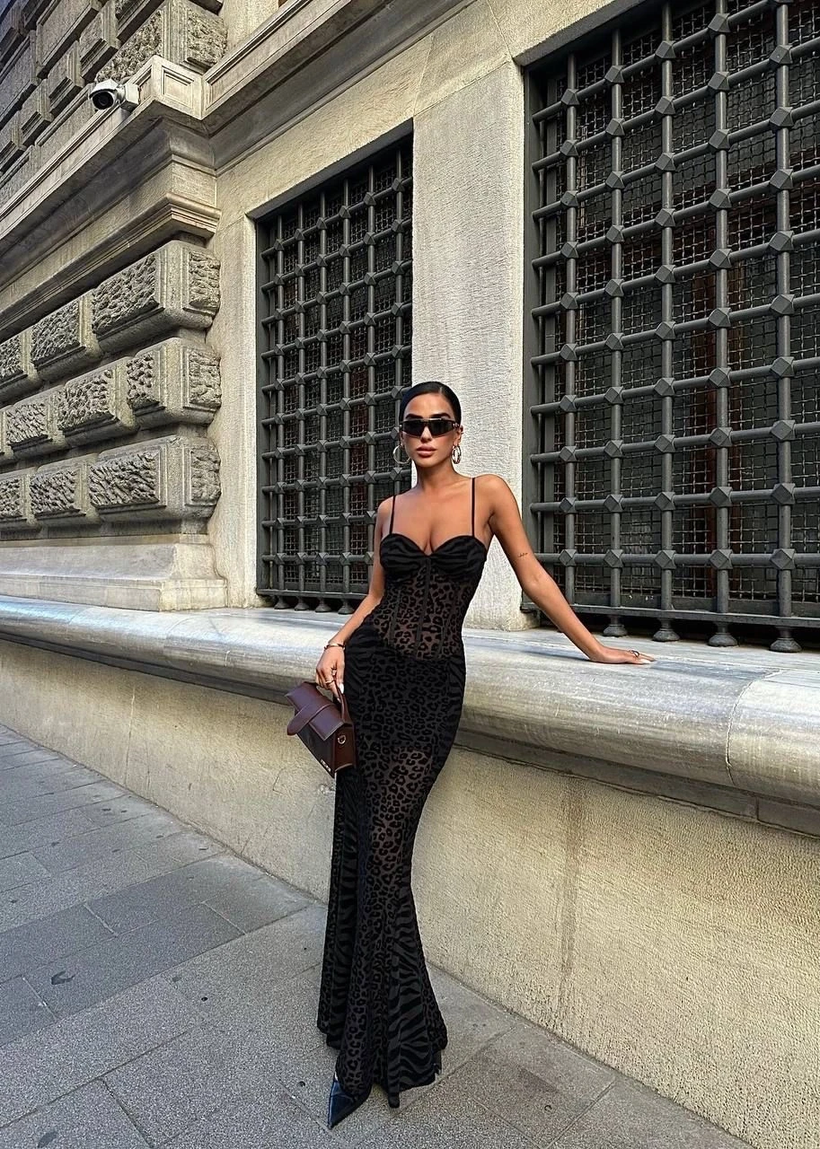 Askılı Flok Baskılı Elbise