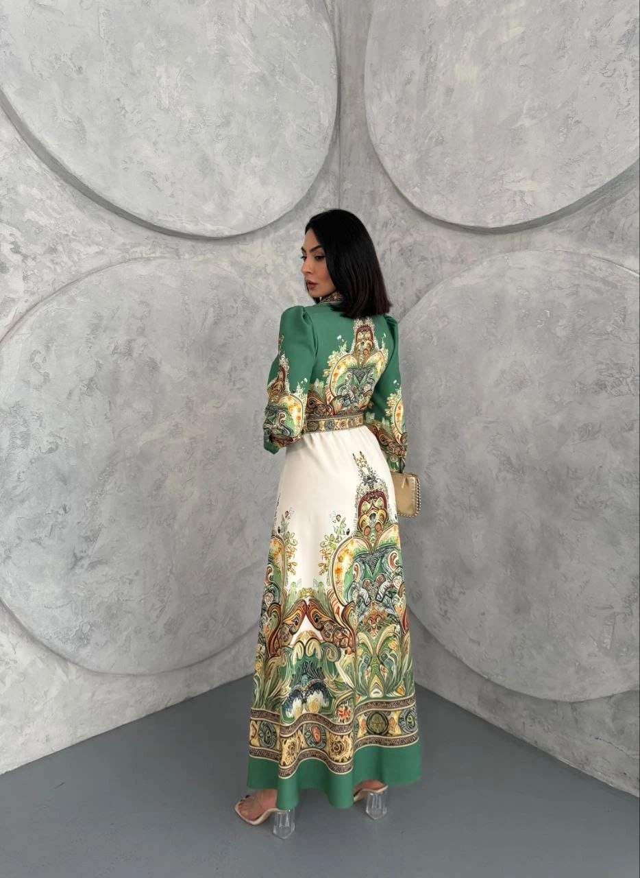 Atlas Kumaş Kemerli Maxi Elbise