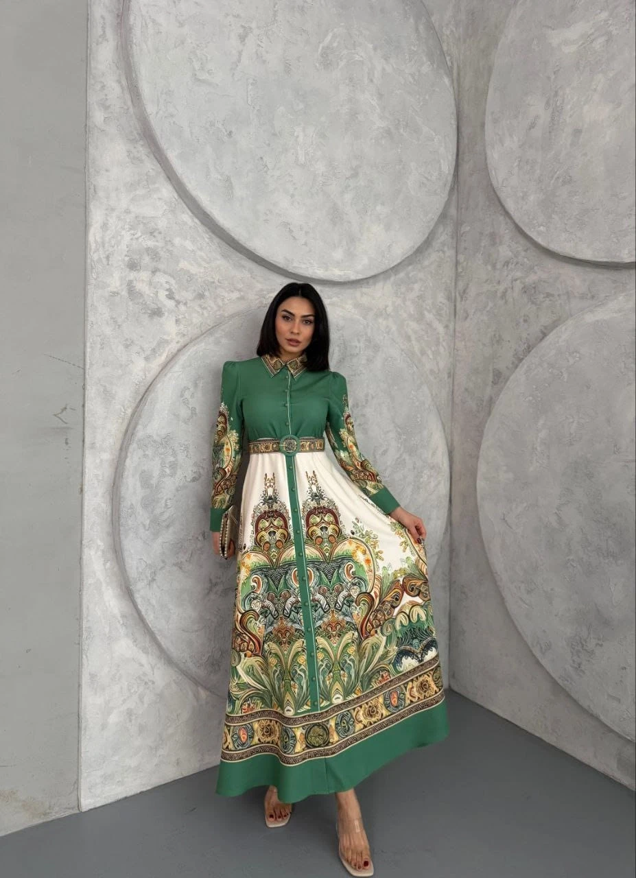 Atlas Kumaş Kemerli Maxi Elbise