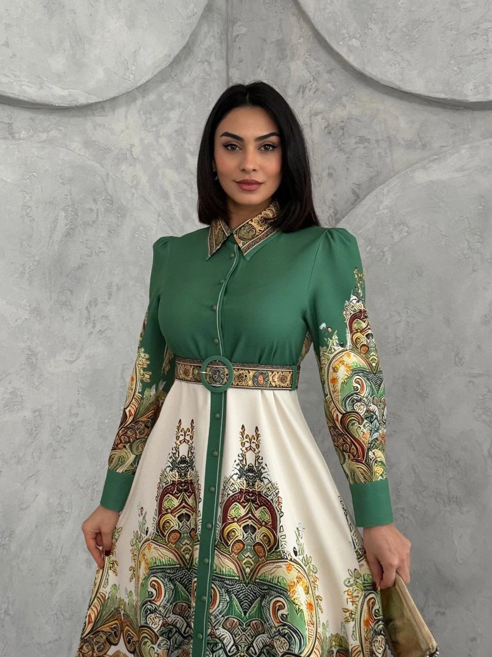 Atlas Kumaş Kemerli Maxi Elbise