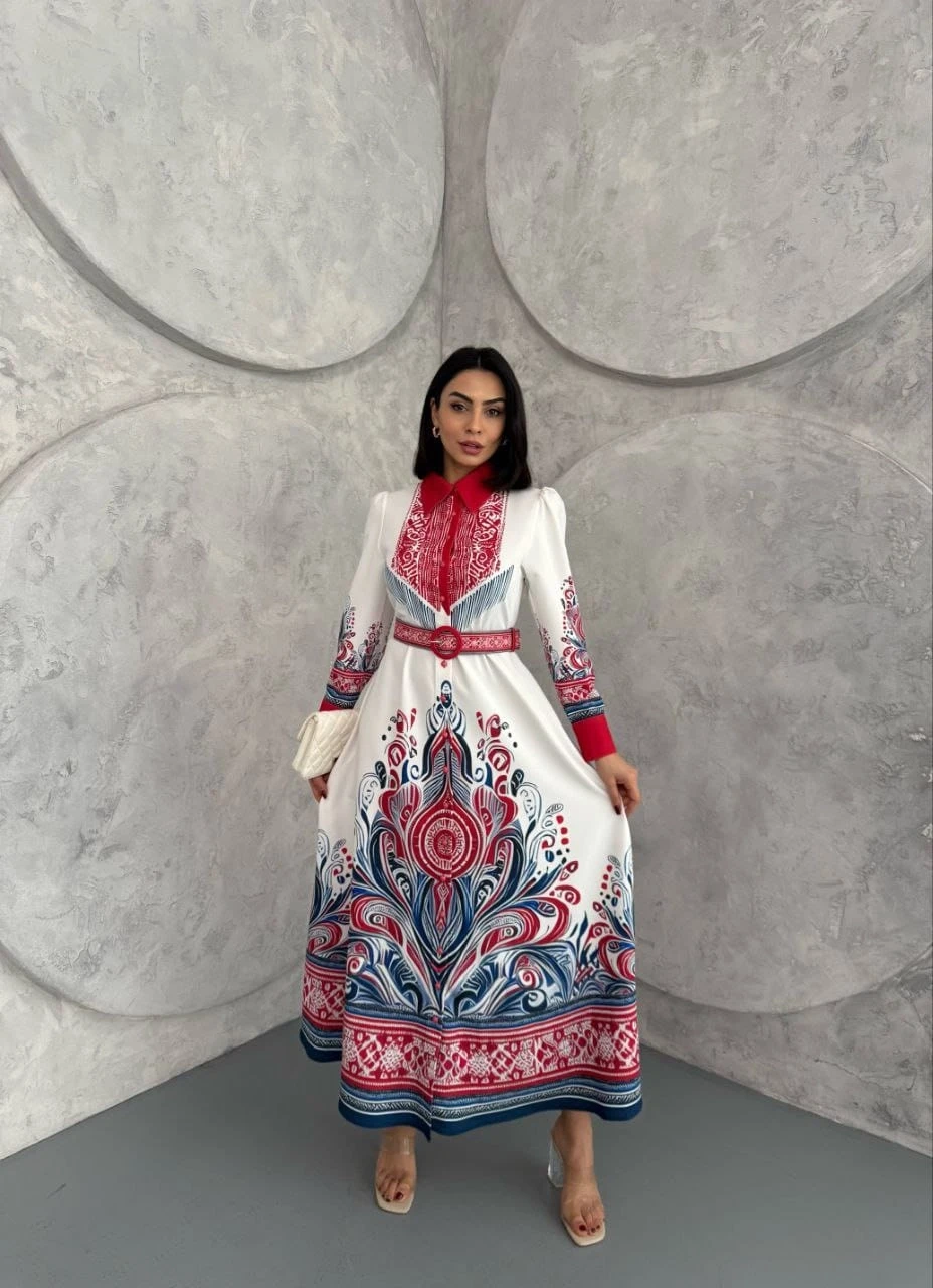 Atlas Kumaş Kemerli Maxi Elbise