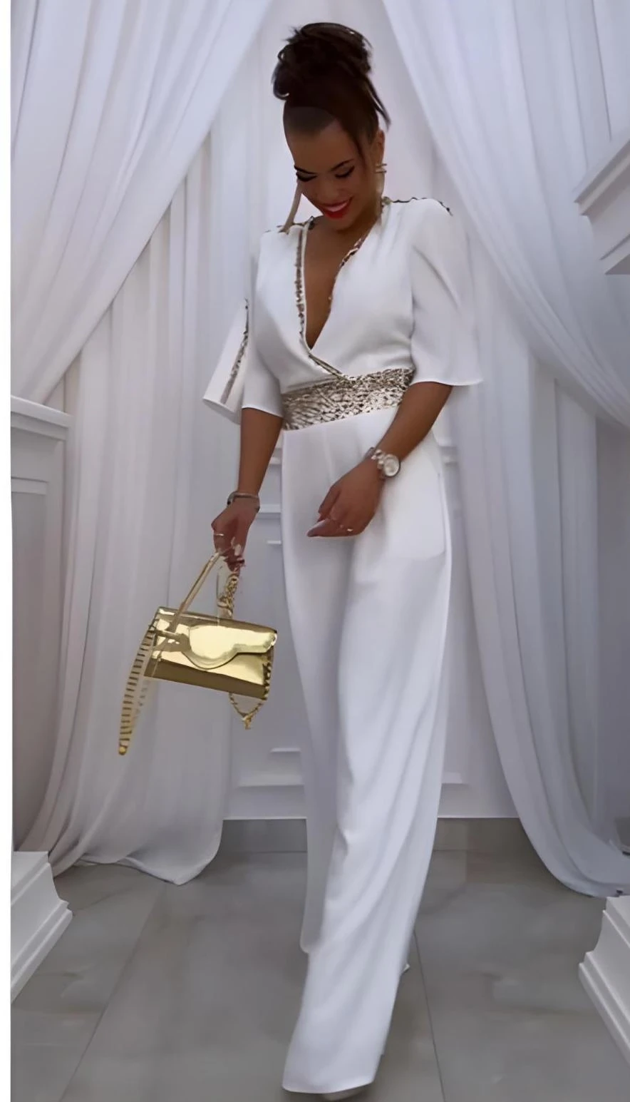 Atlas Kumaş Lıkralı Taş Garnili Tulum