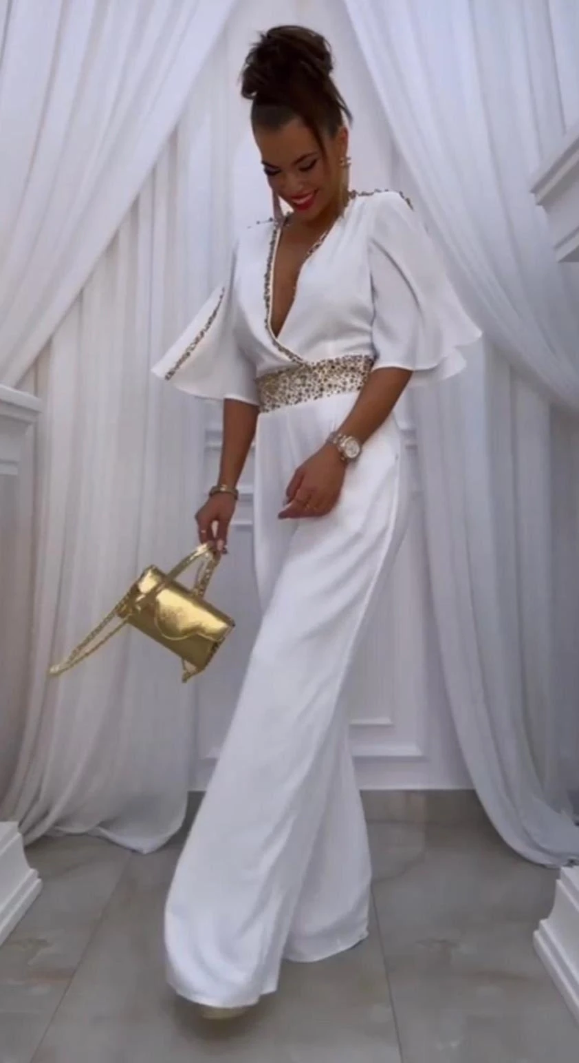 Atlas Kumaş Lıkralı Taş Garnili Tulum